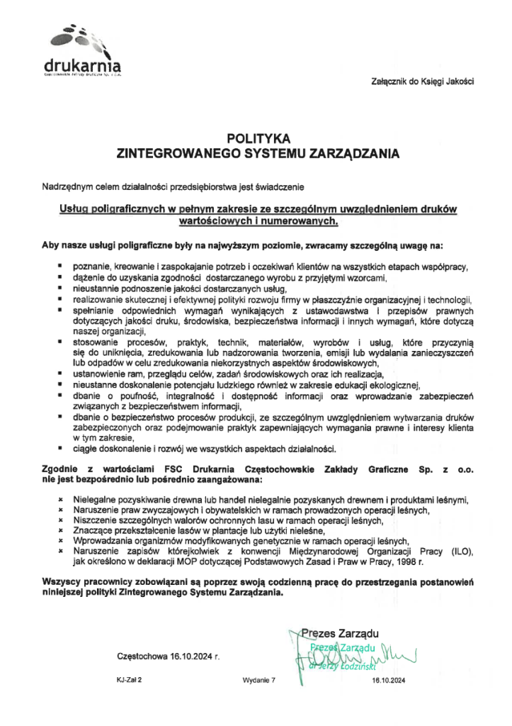 Polityka Zintegrowanego Systemu Zarządzania 